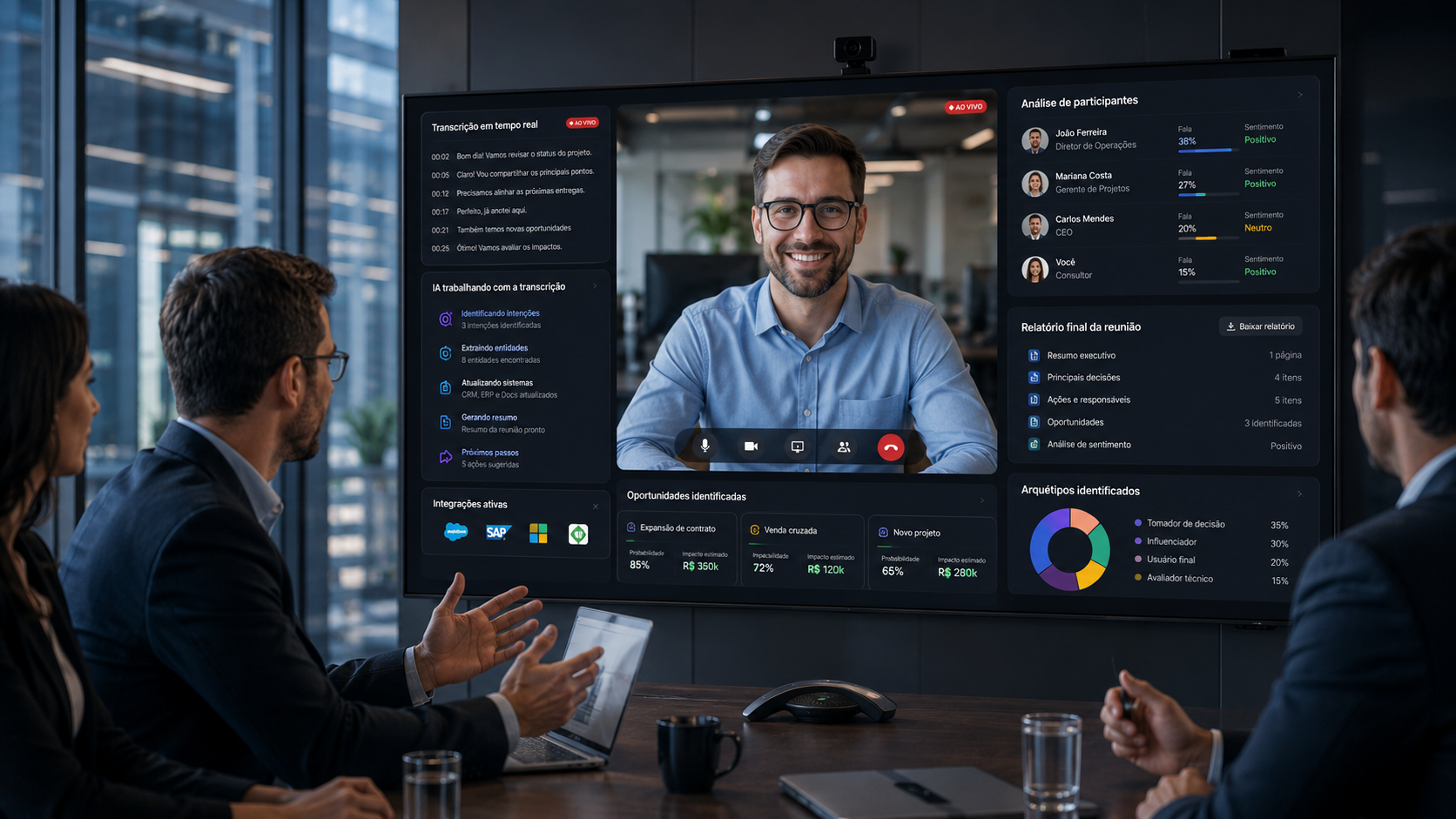 Reunião online no WeOS: transcrição em tempo real, análise de participantes, identificação de arquétipos, oportunidades extraídas e integrações nativas com HubSpot, SAP e outros sistemas